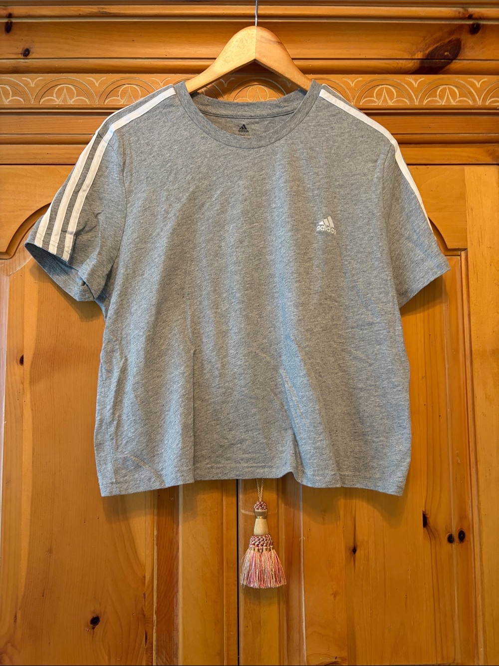 adidas Heather Gray Tee with White Shoulder Stripes